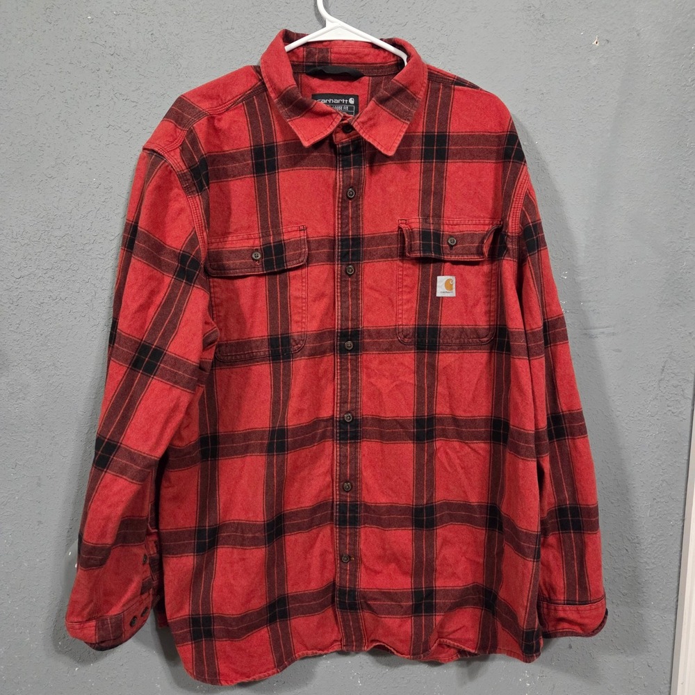 Carhartt Mens XL Red Black Plaid Flannel Shirt Loose Fit Workwear Jacket